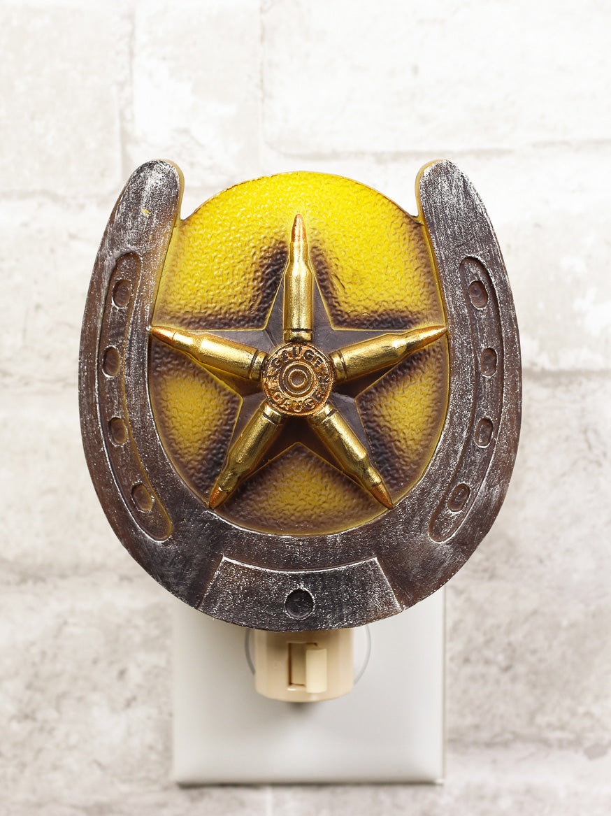 Rustic Western Lucky Horseshoe With Star Bullets Wall Plug In LED Night Light