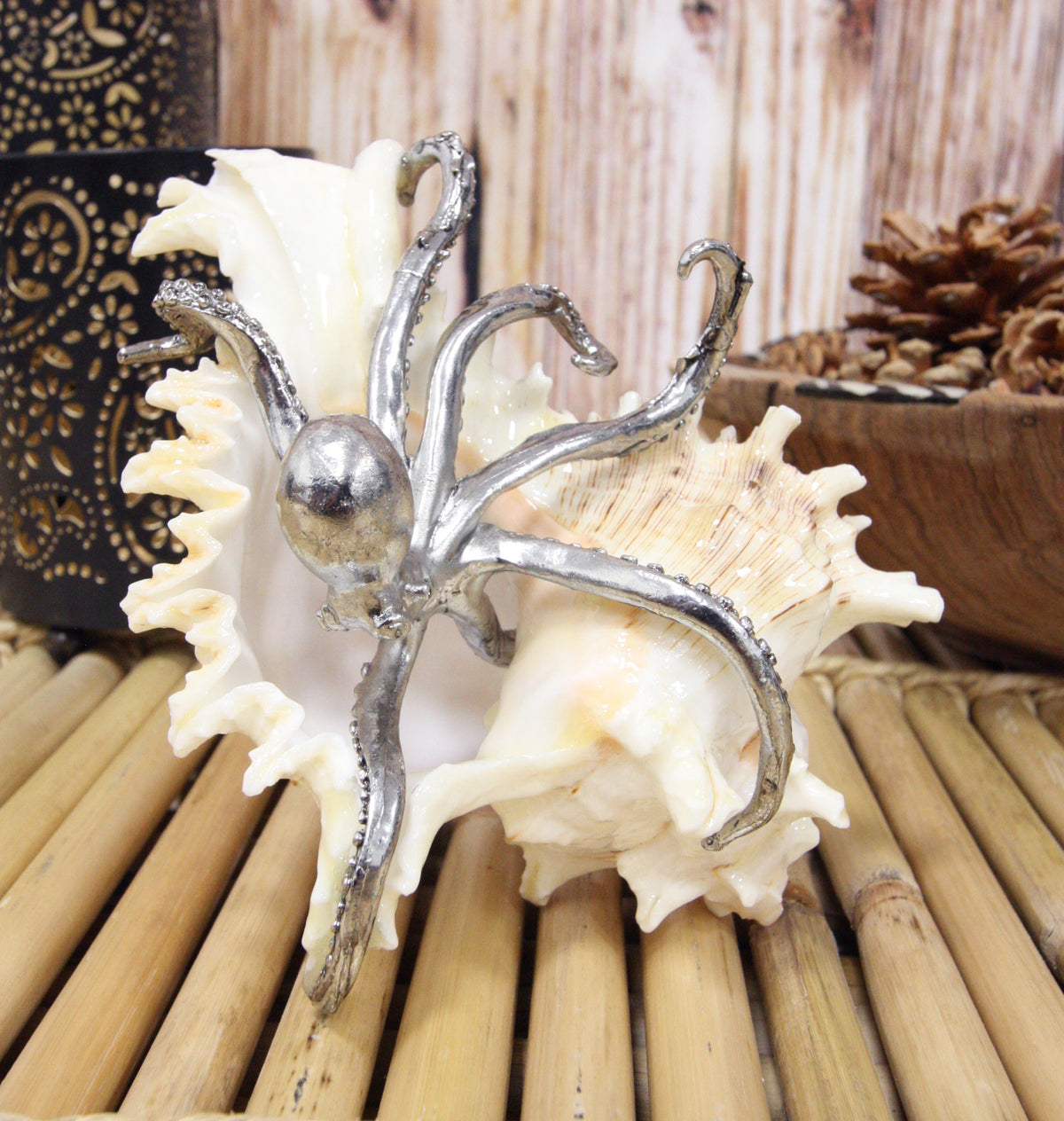 Nautical Marine Silver Giant Sea Octopus On Pretty Striped Sconce Shell Figurine