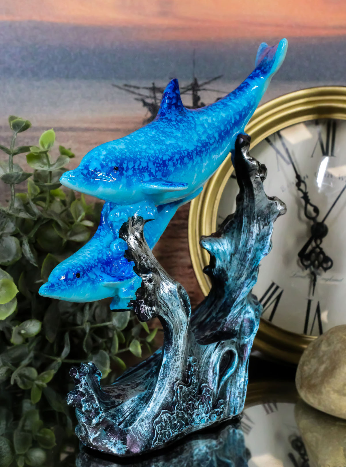 Marine Sea Ocean 2 Blue Dolphins Swimming Around Underwater Coral Reef Figurine - Ebros Gift