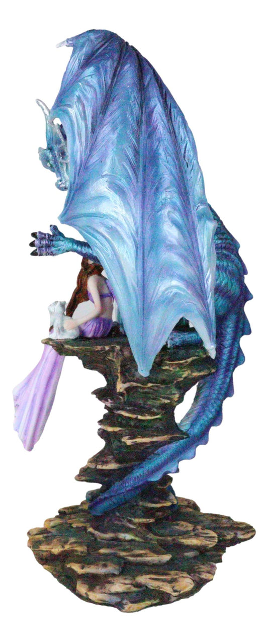 Giant Leviathan Blue Dragon Protecting A Young Princess Fairy With Kitten Statue - Ebros Gift