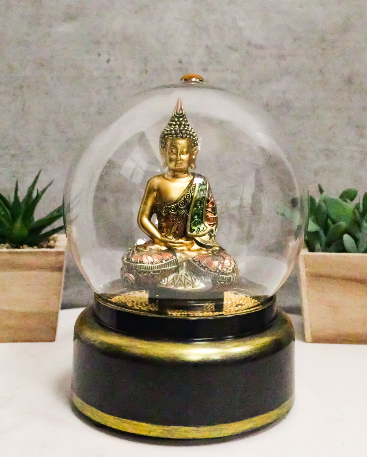 Eastern Enlightenment Buddha Meditating Air Powered LED Light Golden Water Globe - Ebros Gift