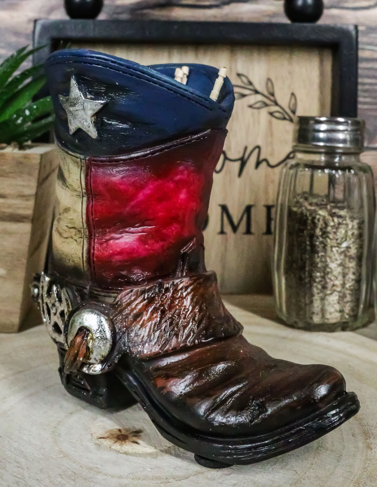 Rustic Western Texas State Flag Fancy Cowboy Boot With Spur Toothpick Holder - Ebros Gift