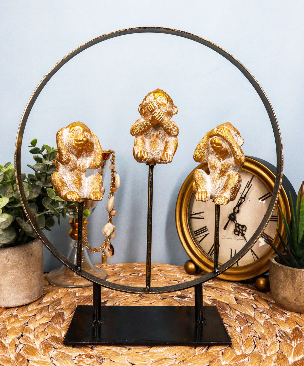 Golden See Hear Speak No Evil Monkeys In Peace Circle Ring Stand Decor Statue
