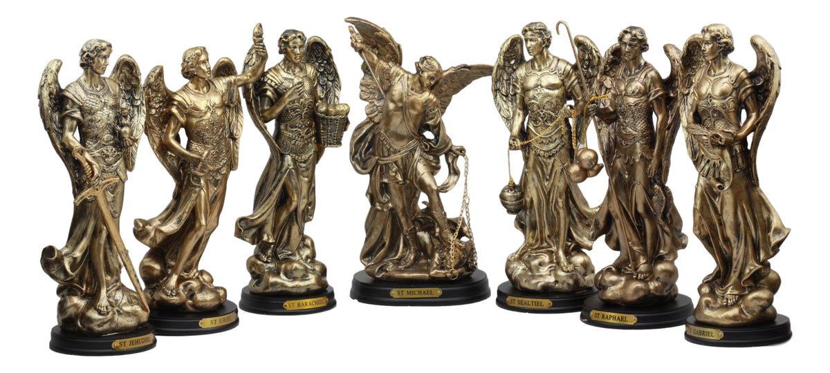Ebros Archangel Statue 8" Tall with Brass Name Plate Wooden Base (Set of 7)