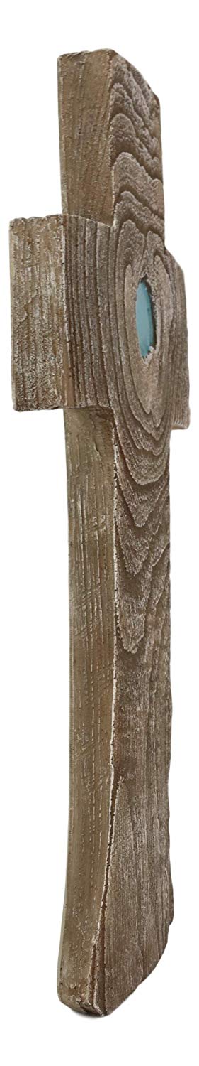 Ebros Inspirational Faux Wood Rustic Tree Rings Bark with Turquoise Inlay Wall Cross Crucifix Decor Plaque Crosses Vintage Art Sculpture 16.75" Tall Catholic Christian Decorative Accent