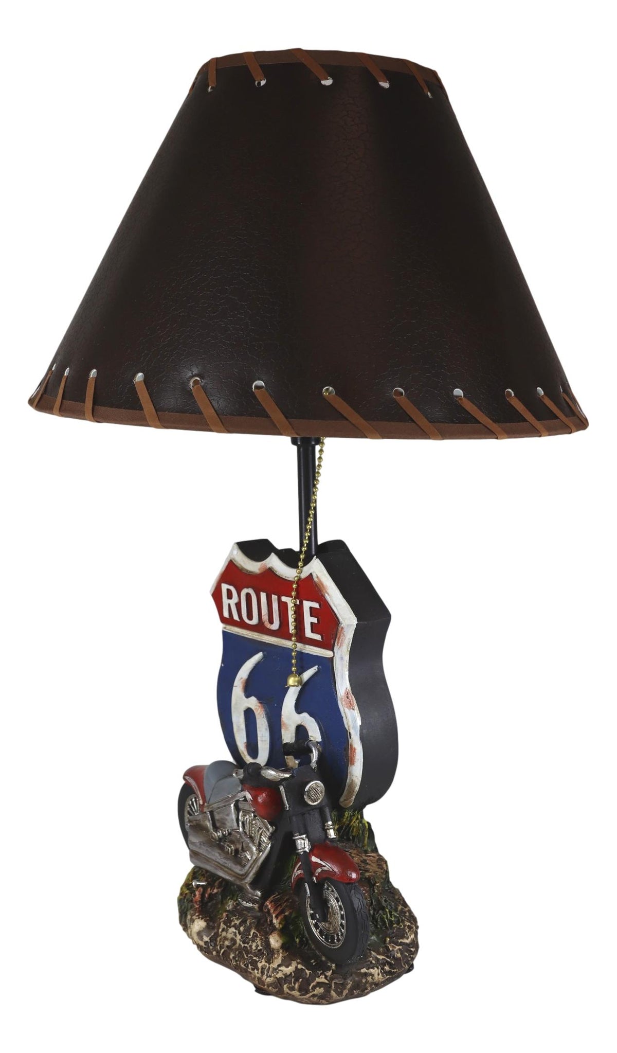 Vintage Retro Red Motorcycle By Route 66 Highway Sign Desktop Table Lamp 19"Tall