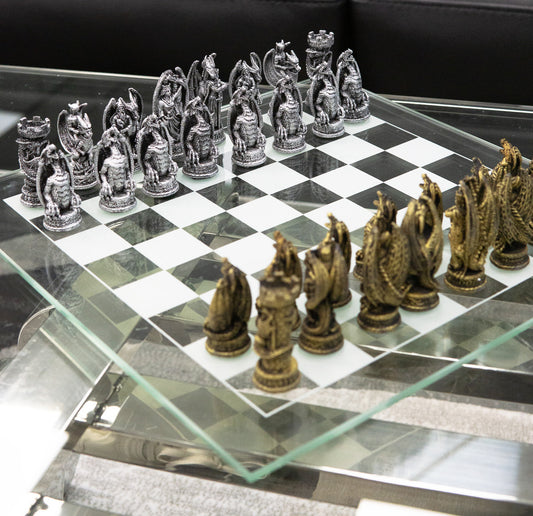 Ebros Silver Gold Fantasy Dungeons And Dragons Resin Chess Pieces With Glass Board Set