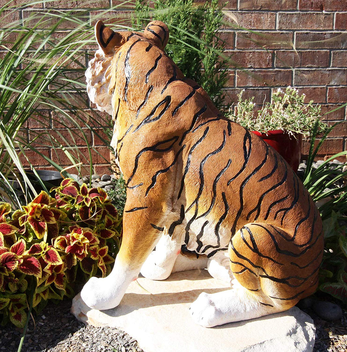 20"Tall Orange Bengal Tiger Raja Sitting On Guard Decorative Garden Statue - Ebros Gift