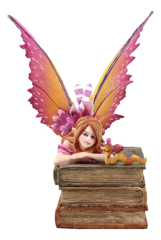 Ebros Amy Brown Autumn Pink Book Club Fan Fairy with Wyrmling Dragon On A Stack of Books Statue 7" High Fantasy Mythical Reading Faery FAE Magic Watercolor Collectible Decor Figurine - Ebros Gift