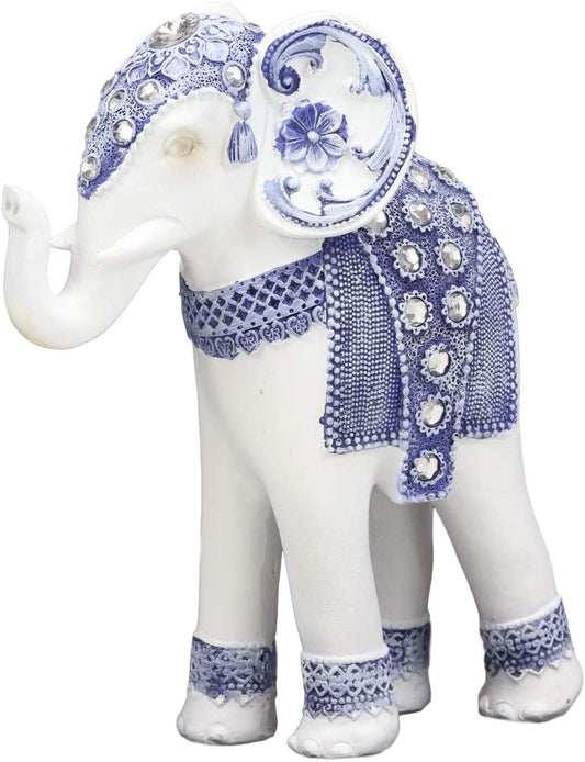 Ebros Feng Shui Ming Style Blue and White Ornate Design with Crystals Trunk Up Elephant Statue 8.75" High