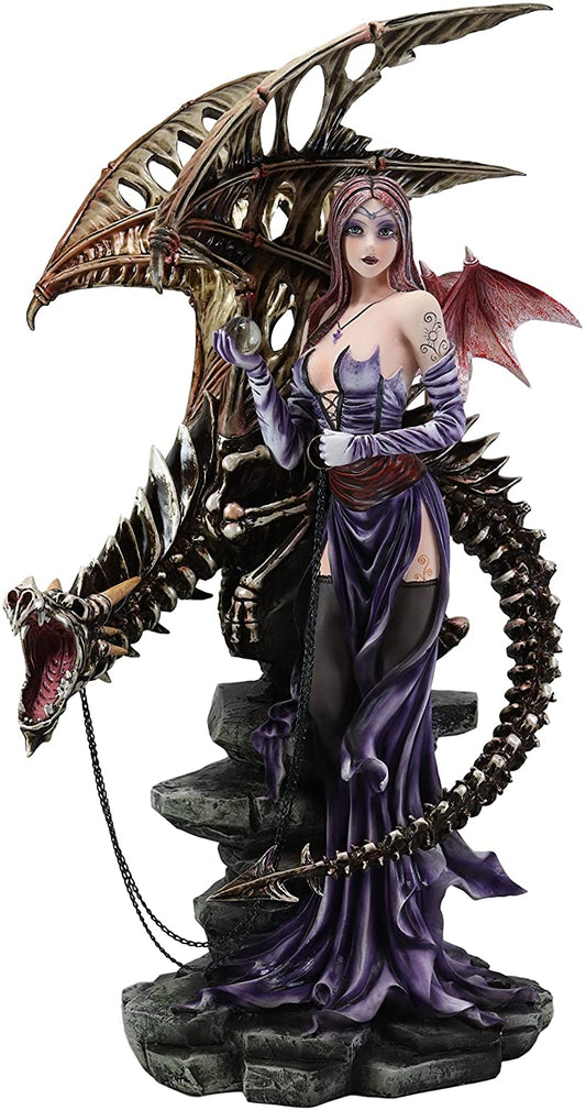 Large 26"H Gothic Soothsayer Psychic Fairy & Bone Skeletal Ghost Dragon Statue