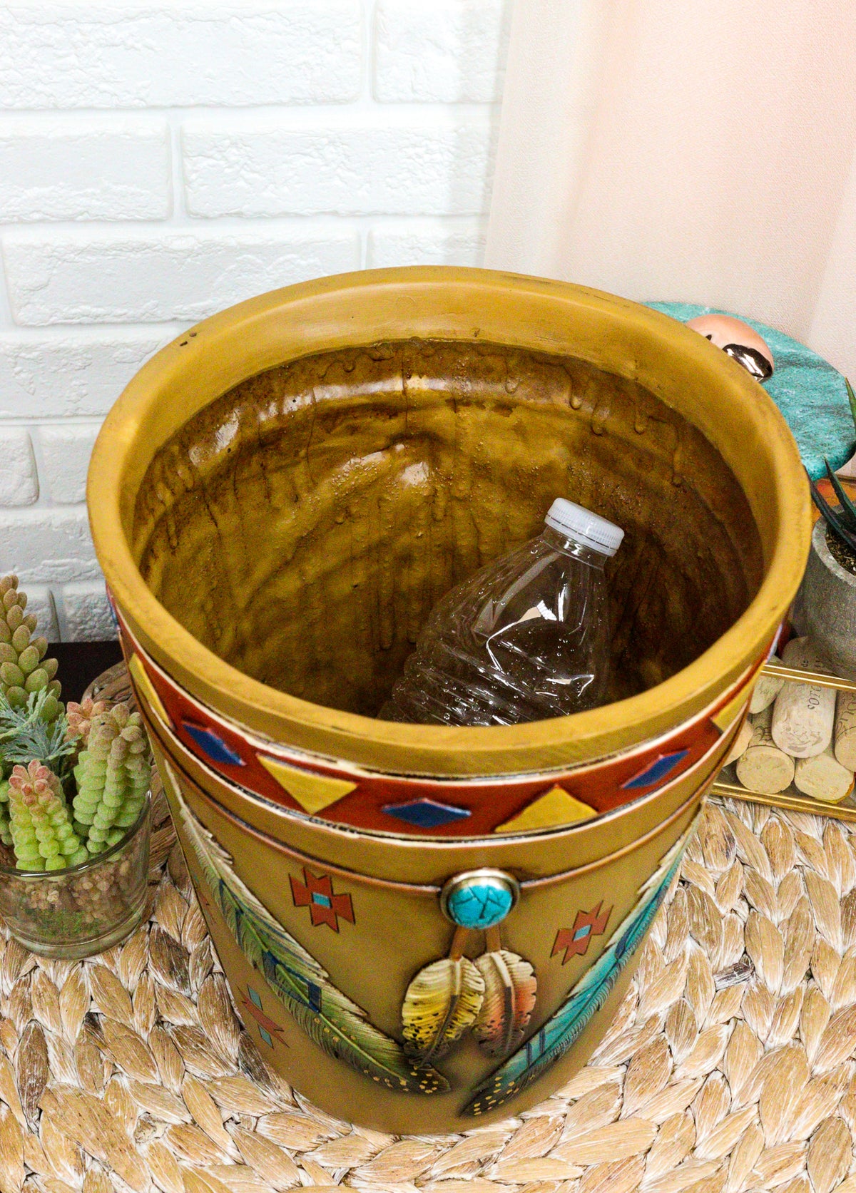 Southwestern Indian Feathers Turquoise Stone Dream Catcher Waste Basket Bin
