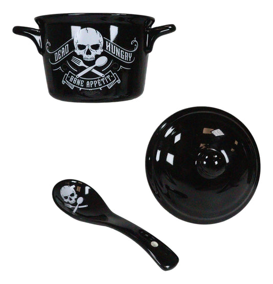 Macabre Dead Hungry Skull Bone Appetit Fine Bone China Bowl With Spoon And Lid - Ebros Gift