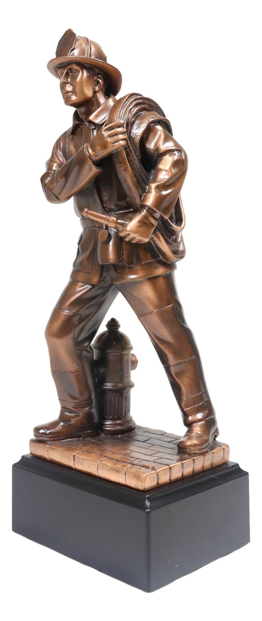 In Line Of Duty Fireman Carrying Hose By Hydrant Statue 12"H Fire Fighter Decor - Ebros Gift