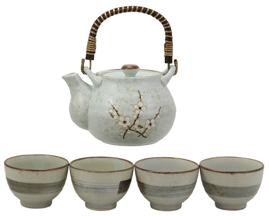 Ebros Japanese Sakura Pastel Blue Plum Cherry Blossom Porcelain Tea Pot And 4 Cups Set