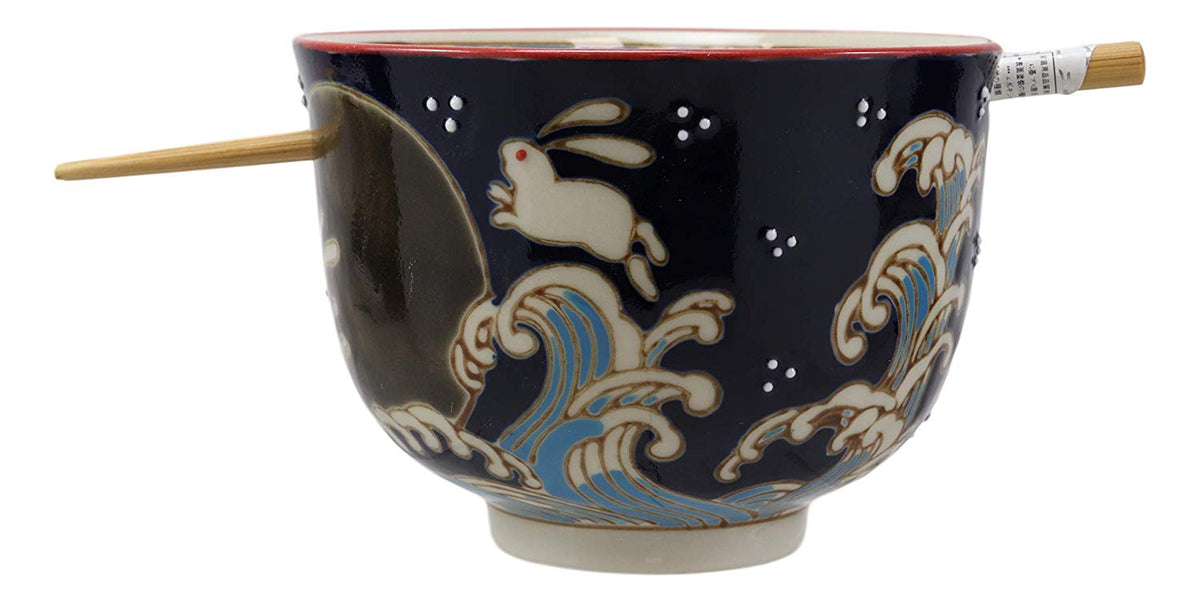 Ebros Rabbits Full Moon Ramen Noodles Bowl With Built In Chopsticks & Rest Set