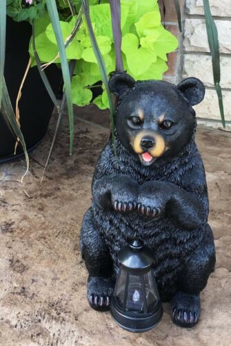 Rustic Garden Cute Black Bear Holding Solar Lantern Path Light Greeter Statue - Ebros Gift