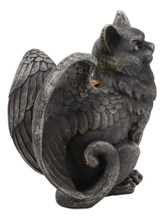 Gothic Notre Dame Angel Wings Cat Gargoyle Right Facing Candle Holder Statue 5"H - Ebros Gift