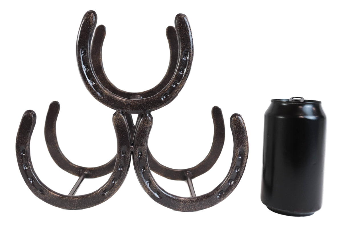 Large Cast Iron Rustic Farmhouse Stacked Horseshoes 3 Bottles Wine Holder Racks - Ebros Gift