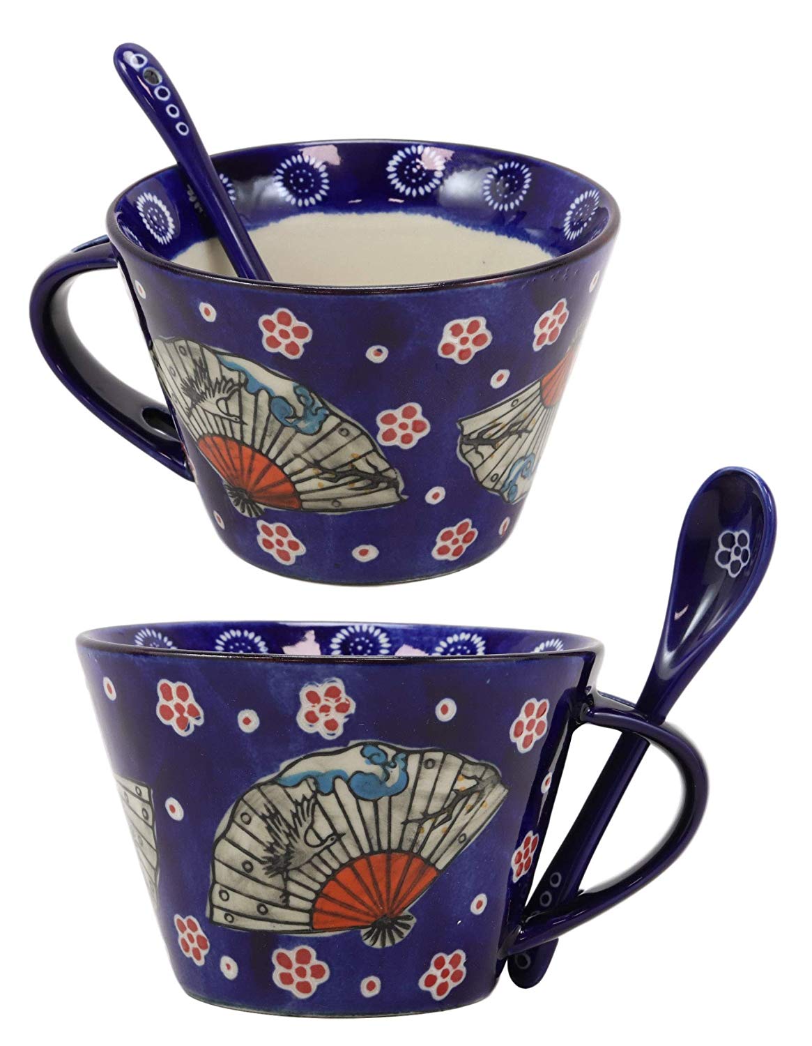 Ebros Blue Oriental Fan Porcelain Coffee Mug With Spoon 2pc Set 12oz PACK OF 2