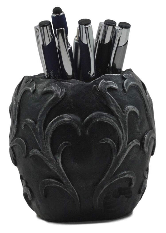Ebros Gift Tribal Tattoo Floral Skull Pen Holder Figurine 5.75"L Office Decor