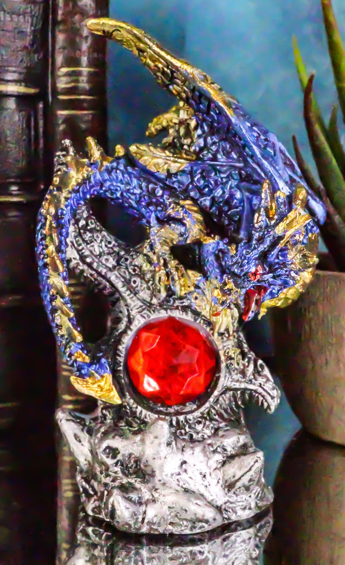 Blue Rune Dragon Guarding Ancient Relic Ruins With Red Crystal Gem Figurine