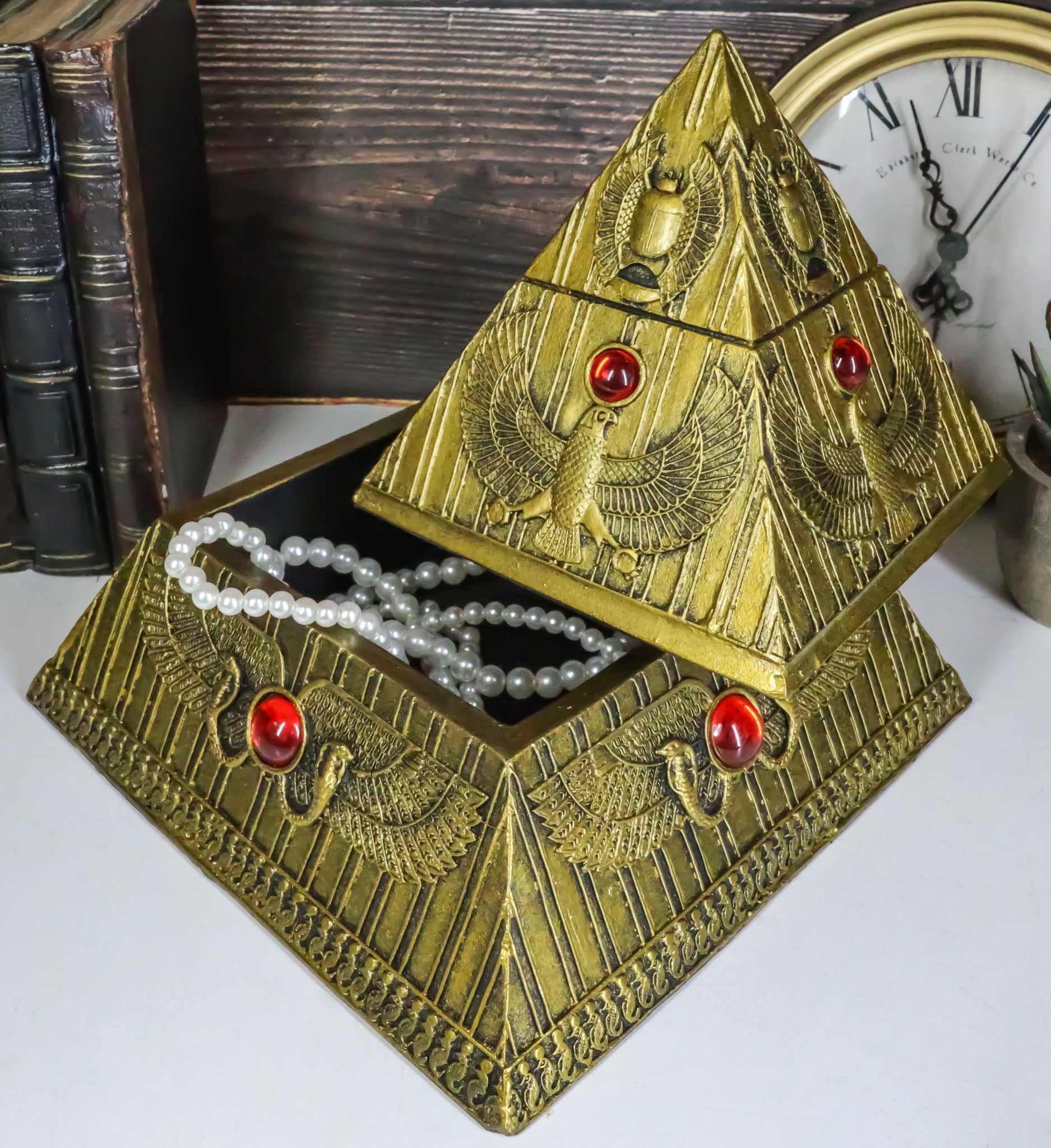 Ebros Egyptian Golden Winged Scarab Falcon Pyramid Jewelry Box