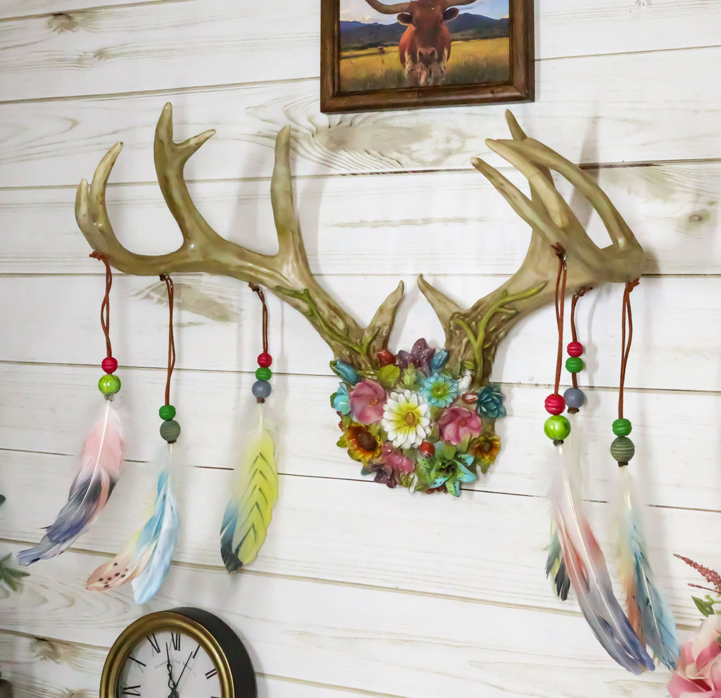 Rustic 12 Point Stag Deer Antlers Flowers And Feathers Rack Wall Hooks  Plaque