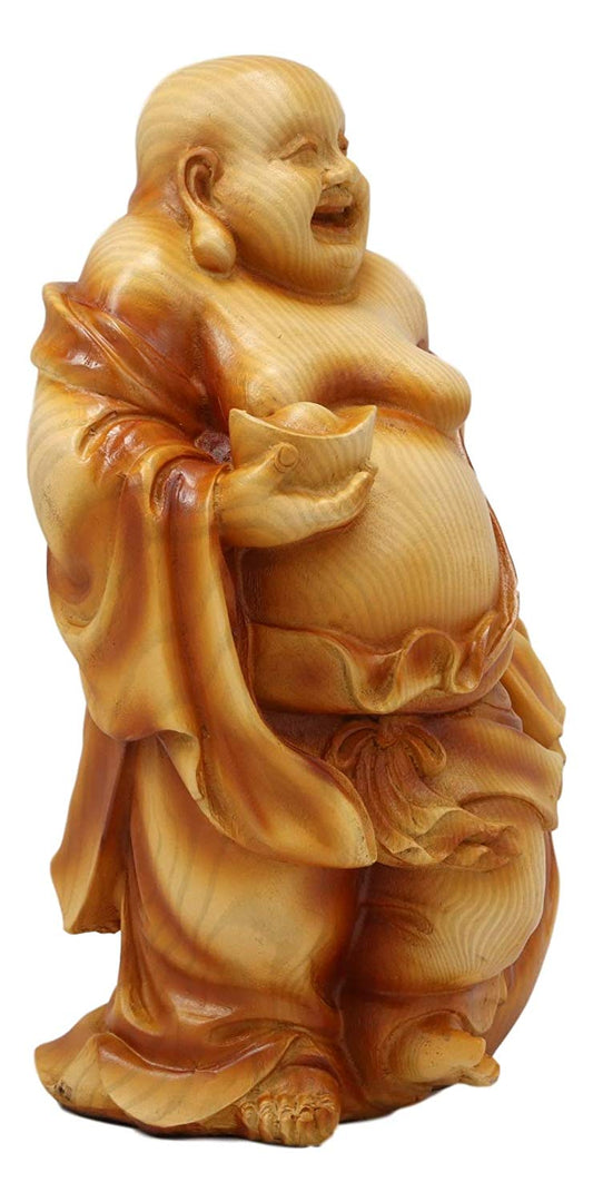 Ebros Feng Shui Hotei Happy Buddha Holding Gold Ingot Figurine 8.5" H - Ebros Gift