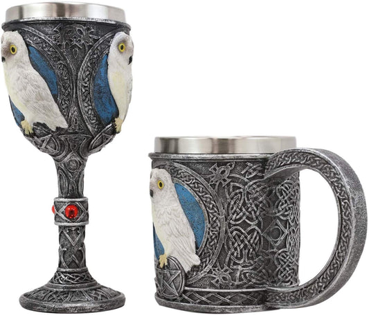 Ebros Dazed Snow White Owl With Celtic Tribal Tattoo Wine Goblet And Mug Set