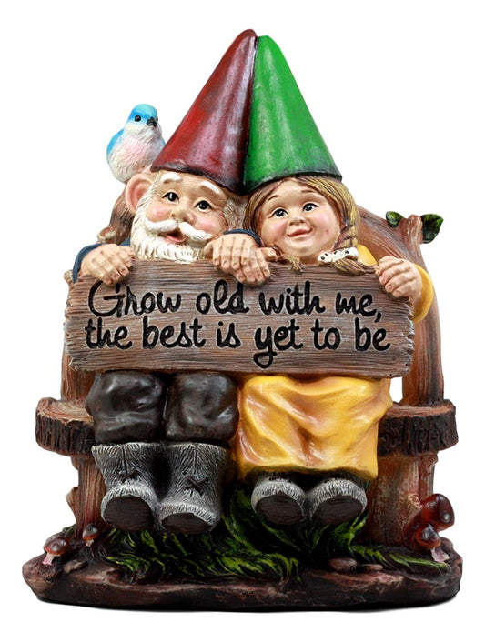 Ebros Gift Whimsical Mr & Mrs Gnome Sitting On Rustic Chair with Blue Bird Statue Grow Old with Me Guest Greeter Patio - Ebros Gift