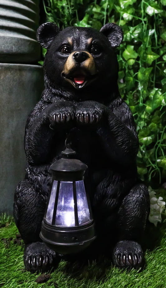 Rustic Garden Cute Black Bear Holding Solar Lantern Path Light Greeter Statue - Ebros Gift