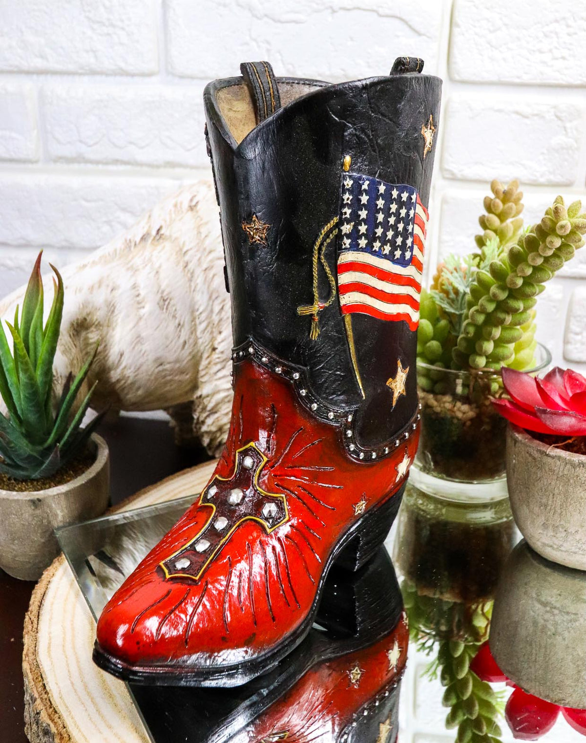 Western Cowboy Patriotic US Flag Liberty Bell Eagle Cowboy Boot Pen Holder Vase