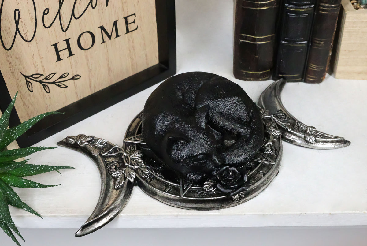 Wicca Witchcraft Triple Moon Insignia With Sleeping Black Cat And Rose Figurine