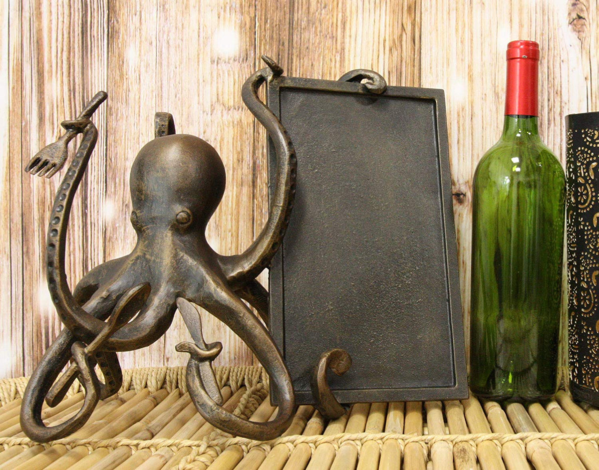 Ebros Aluminum Nautical Ocean Giant Sea Octopus Chef Holding Cutlery and Menu Board Statue 11.25" Tall Coastal Beach Kraken Home Kitchen and Dining Countertop Table Decor Sculpture