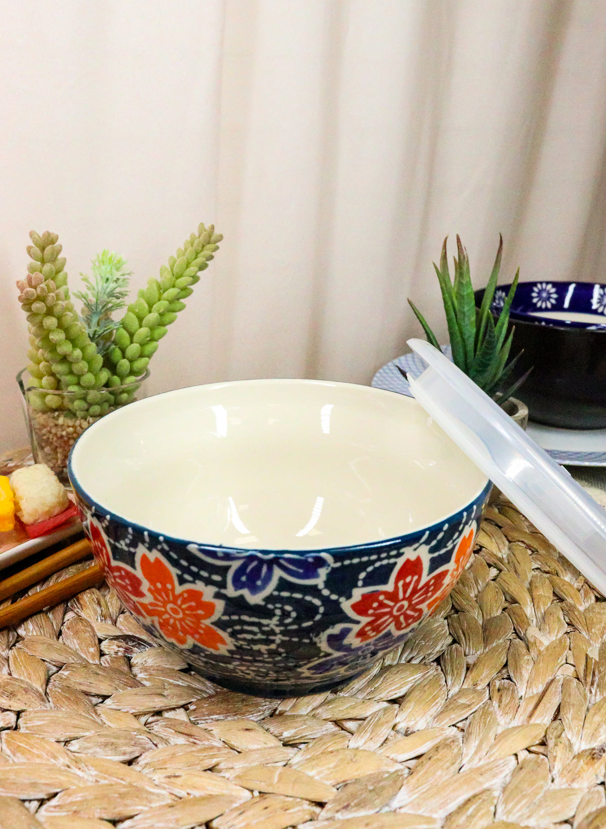 Ebros Set of 2 Ceramic Blue Cherry Blossoms Portion Meal Bowls 3 Cups Airtight Lid