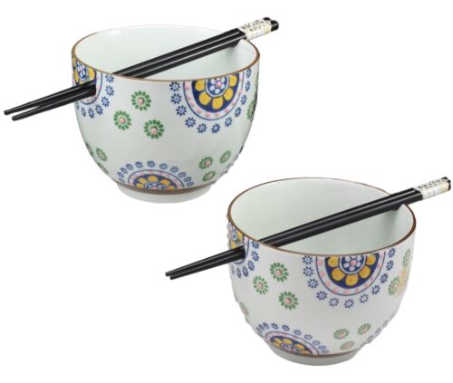 Ebros Japanese Design Ceramic Spring Flowers Ramen Noodles Bowl & Chopsticks Set of 2