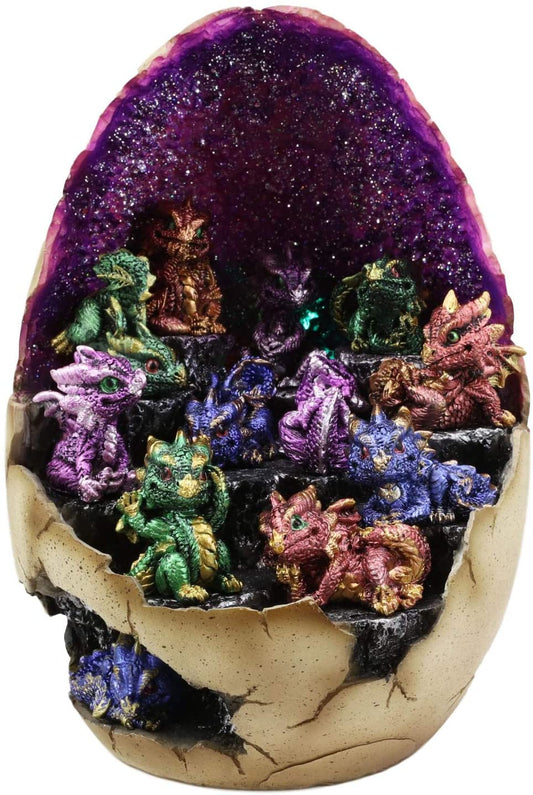 Ebros Geode Dragon Egg LED Light Display Stand with 12 Baby Dragons Figurine Set - Ebros Gift
