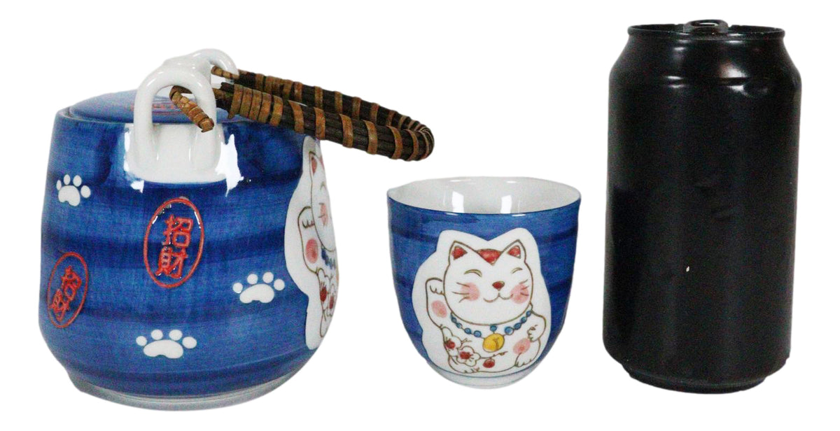 Ebros Japanese Maneki Neko Lucky Charm Cat Blue Tea Pot and Cups Set Serves 4 - Ebros Gift
