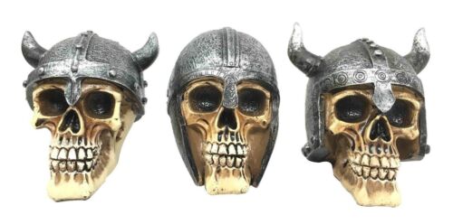 Set of Three Viking Warlords Skull With Battle Helmets Figurine Norse Mythology - Ebros Gift