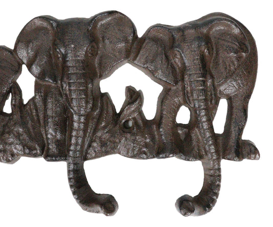 Cast Iron Rustic Safari Elephants With Long Trunks 4-Pegs Wall Hook Sculpture - Ebros Gift
