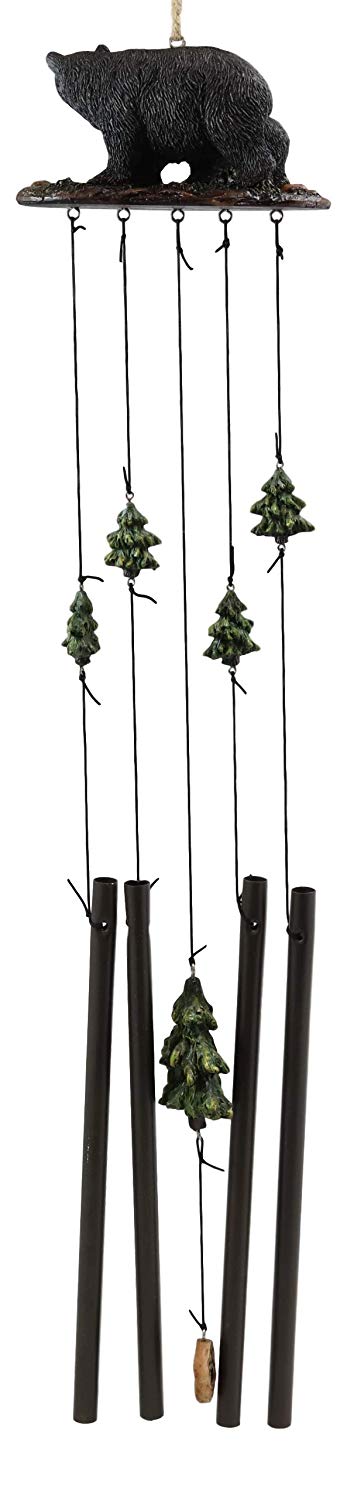 Ebros Gift Rustic Woodland Black Bear Mother and Cub Family Roaming The Forest Figurine Top Resonant Wind Chime with Pine Tree Ornaments Garden Patio Rustic Cabin Lodge Mountain River Home Accent