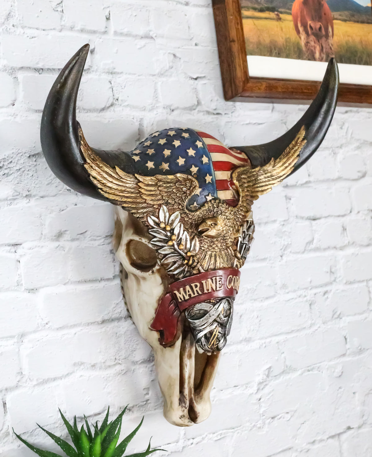 Western Patriotic Bull Cow Skull W/ American Flag Bald Eagle Marine Wall Decor - Ebros Gift