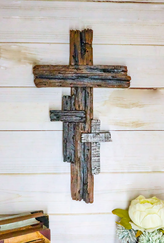 Ebros Rustic 3 Tone Faux Wood Walnut Birch Driftwood Color Wall Cross 16" Tall - Ebros Gift