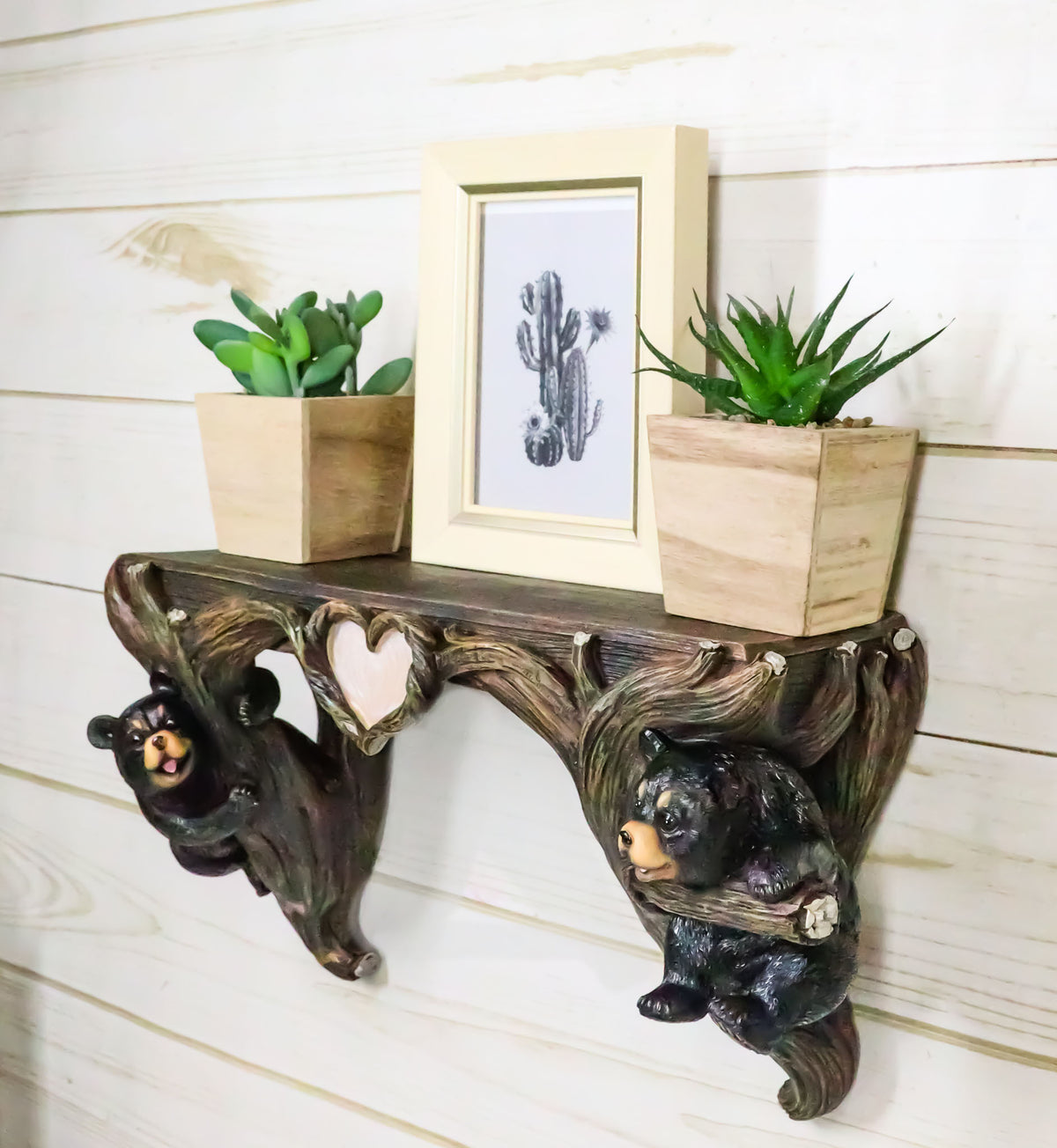 Whimsical 2 Climbing Black Bears By Forest Tree Branches Floating Wall Shelf