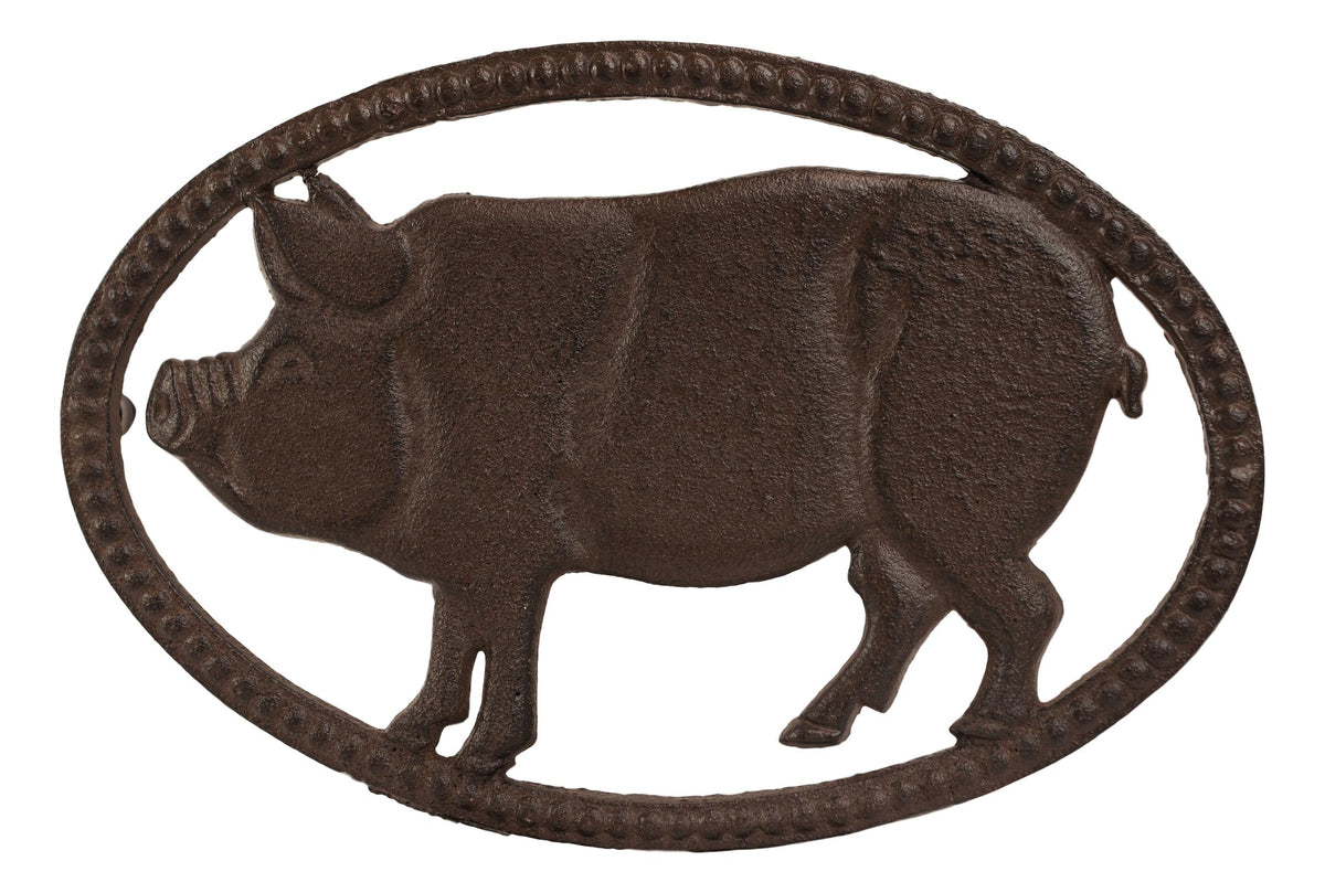 Cast Iron Rustic Swine Bacon Pig Cutout With Raised Studs Border Metal Trivet