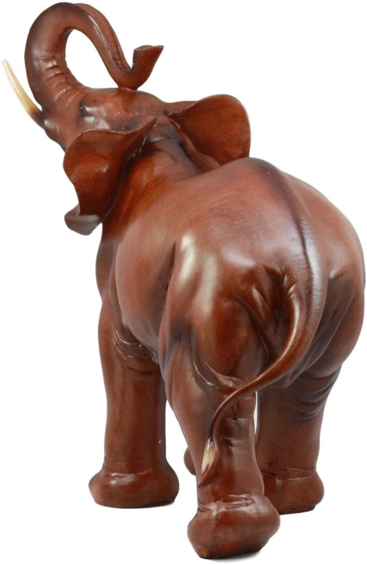 Ebros Faux Mahogany Wood Thai Buddha Elephant With Trunk Up Statue 14.25"Long - Ebros Gift