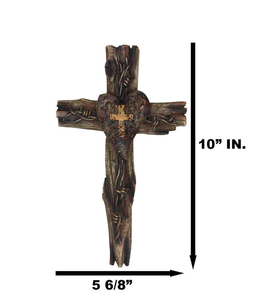 Rustic Western Distressed Faux Wooden Barbed Wires With Heart Plaque Wall Cross