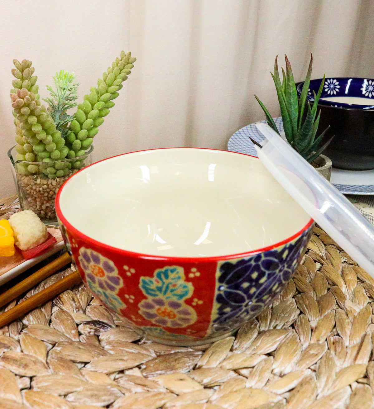 Ebros Set of 2 Ceramic Blue Red Floral Patterns Portion Meal Bowls 3 Cups Airtight Lid
