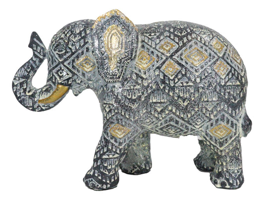 Auspicious Grey Glossy Mosaic Design Noble Aztec Elephant with Trunk Up Figurine
